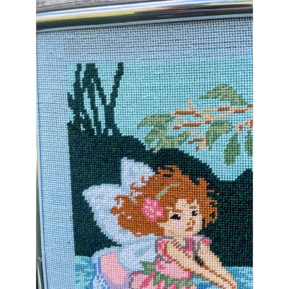 Vintage 1980s Finished Needlepoint picture Fairy Nymph Riding a Swan - Picture 3 of 15